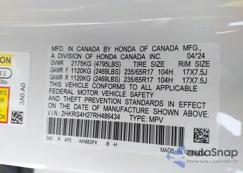 2024 Honda Cr-V Lx Awd из США, поврежденный, VIN 2HKRS4H27RH486434